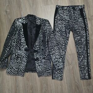 ASOS Design Sequin Suit Set Mens 34 Blazer 30x30 Pants Silver Black Velvet Trim